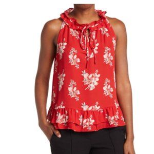 NEW Floral Keyhole Tie Ruffled Top XS Red